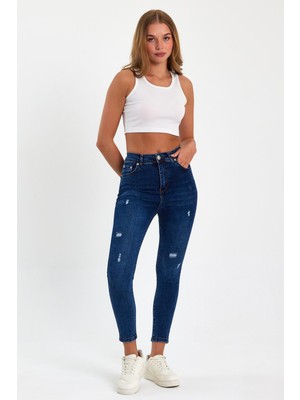 Tref Jns Mavi Yırtık Yüksek Bel Dar Paça Skinny Power Likralı Kot Pantalon Trefjeans-2-Mavi-Yırtık