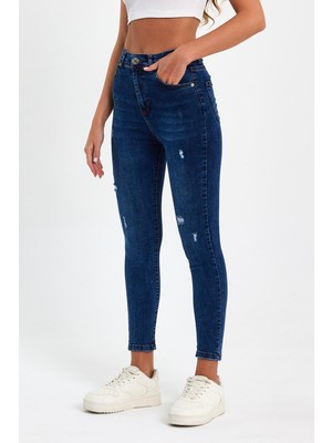 Tref Jns Mavi Yırtık Yüksek Bel Dar Paça Skinny Power Likralı Kot Pantalon Trefjeans-2-Mavi-Yırtık