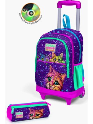 Coral High Kids Mor Pembe Kedi Desenli Çekçekli 2'li Çanta Seti GOSET0223932