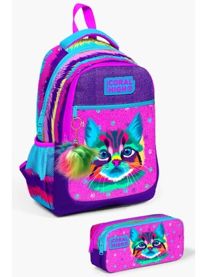 Coral High Kids Mor Pembe Kedi Desenli 2'li Okul Çanta Seti GOSET0223477