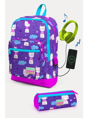 Coral High Kids Mor Pembe Kedi Desenli Usb'li 2'li Okul Çanta Seti GOSET0223264