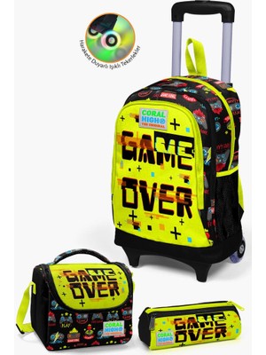 Coral High Kids Siyah Neon Sarı Game Over Desenli Çekçekli 3'lü Çanta Seti GOSET0123928