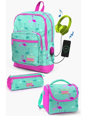 Coral High Kids Su Yeşili Neon Pembe Flamingo Desenli Usb'li 3’lü Okul Çanta Seti GOSET0123275
