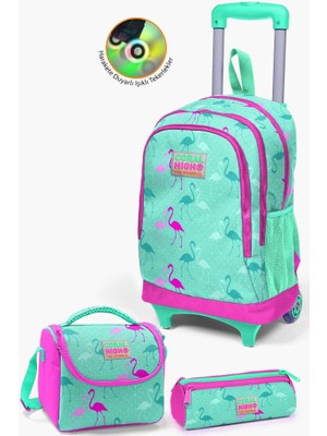 Coral High Kids Su Yeşili Neon Pembe Flamingo Desenli  Çekçekli 3'lü Çanta Seti GOSET0123131