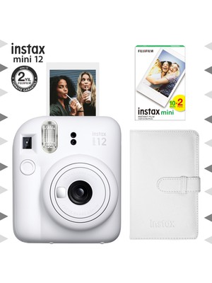 Instax Mini 12 Beyaz Fotoğraf Makinesi-20'li Film ve Laporta Albüm SETI-FOTSI198-S3-20-LA