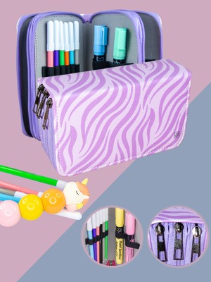 OneSize Kalem Kutusu Zebra Desen Lila Orginazer  Vegan Deri Üç Bölmeli (Kalemlik)