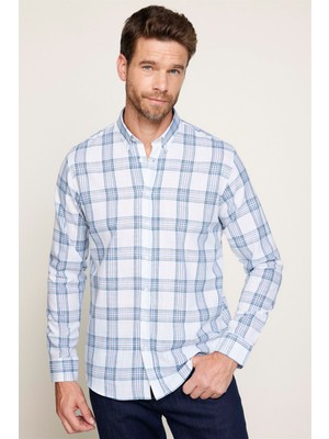 Tudors Klasik Fit Uzun Kol Ketenli Ekose Erkek Beyaz Gömlek