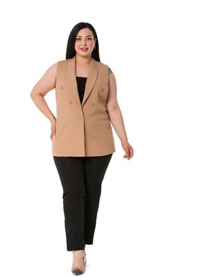 Disentis Modest Büyük Beden Mono Yaka Düğme Detaylı Vizon Yelek