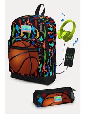 Coral High Kids Siyah Basketbol Desenli Usb'li 2'li Okul Çanta Seti SET0223281