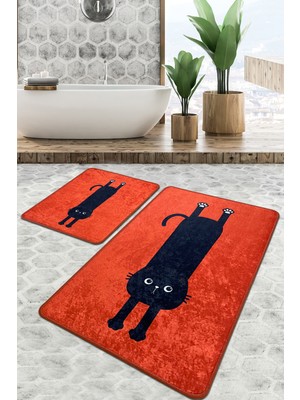 Chilai Home Comfort Kaymaz Tabanlı Banyo Halısı 2'li Set Kedi Desenli Canlı Renkler