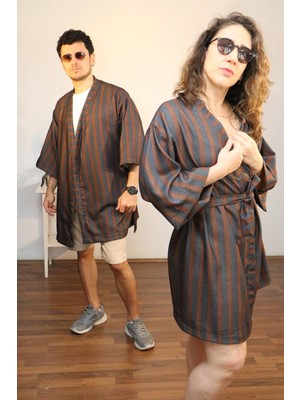 Lapiz Unisex Kısa Kimono, Kahverengi Çizgili