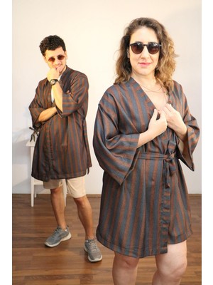 Lapiz Unisex Kısa Kimono, Kahverengi Çizgili