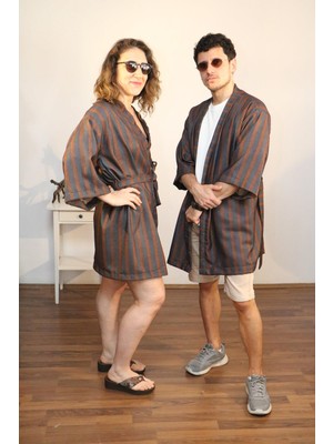 Lapiz Unisex Kısa Kimono, Kahverengi Çizgili