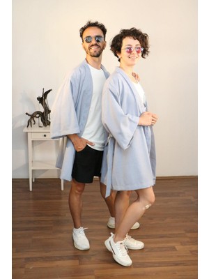 Lapiz Unisex Kısa Kimono, Keten-Kot Karışımı Kumaş, Mavi Renk