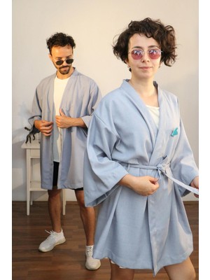 Lapiz Unisex Kısa Kimono, Keten-Kot Karışımı Kumaş, Mavi Renk