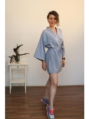 Lapiz Unisex Kısa Kimono, Keten-Kot Karışımı Kumaş, Mavi Renk