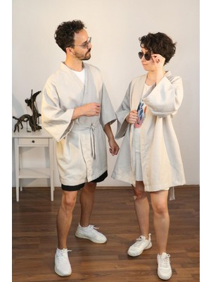 Lapiz Unisex Kısa Kimono, Keten-Kot Karışımı Kumaş, Açık Gri Renk