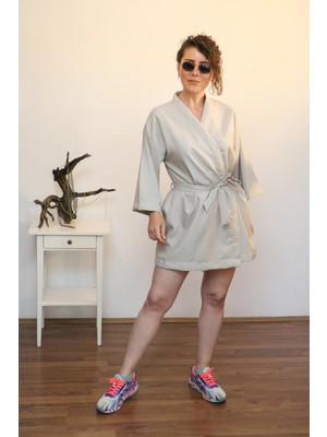 Lapiz Unisex Kısa Kimono, Keten-Kot Karışımı Kumaş, Açık Gri Renk