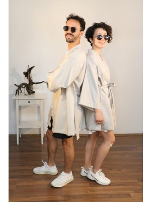 Lapiz Unisex Kısa Kimono, Keten-Kot Karışımı Kumaş, Açık Gri Renk