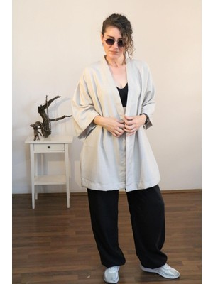 Lapiz Unisex Kısa Kimono, Keten-Kot Karışımı Kumaş, Açık Gri Renk