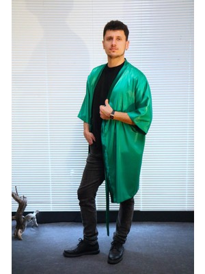 Lapiz Unisex Turkuaz Renk, Saten Kumaş, Uzun Kimono Elbise