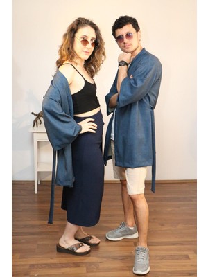 Lapiz Unisex Kısa Kimono, Keten-Kot Karışımı Kumaş, Lacivert Renk