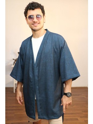 Lapiz Unisex Kısa Kimono, Keten-Kot Karışımı Kumaş, Lacivert Renk