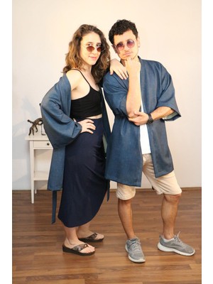 Lapiz Unisex Kısa Kimono, Keten-Kot Karışımı Kumaş, Lacivert Renk