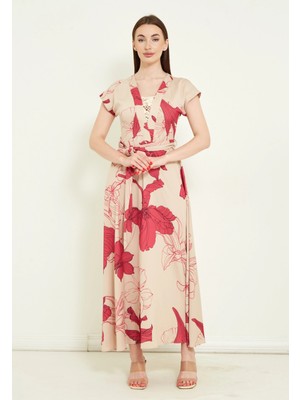 Modatalika Kadın Kemerli Çiçek Desenli Uzun Elbise Ile Şıklığınıza Şıklık Katın..