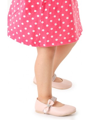 Kiko Kids Cerry Cilt Cırtlı Kız Çocuk Pudra Taşlı Babet Ayakkabı PVC Tabanlı