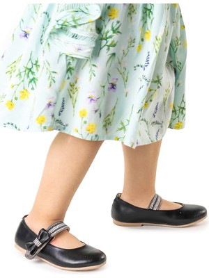 Kiko Kids Cırtlı Kız Çocuk Taşlı Babet Ayakkabı 252 Cilt Siyah