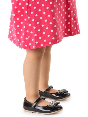 Kiko Kids Papyon Taşlı Cırtlı Kız Çocuk Babet Ayakkabı 254 Rugan Siyah