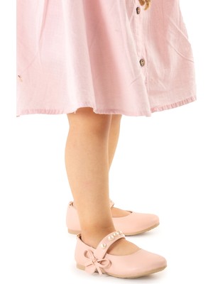 Kiko Kids Incili Cırtlı Kız Çocuk Babet Ayakkabı 253 Cilt Bareti Pudra