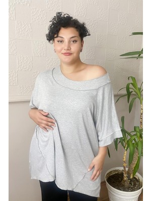 Zer Otantik Ters Dikişli Salaş Büyük Beden Penye Bluz Gri