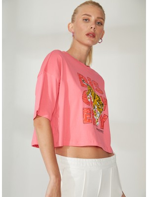 Discovery Expedition Bisiklet Yaka Baskılı Pembe Kadın T-Shirt W-ROTA