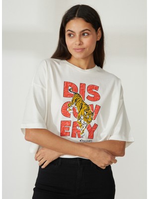 Discovery Expedition Bisiklet Yaka Baskılı Kırık Beyaz Kadın T-Shirt W-ROTA