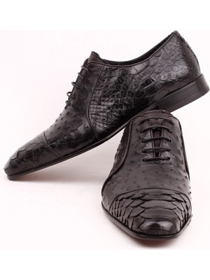 Bruno Shoes 6270-45K K Erkek Deri Devekuşu Klasik Kösele Taban Ayakkabı-Siyah