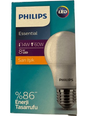 Philips Essential LED Ampul 8W - 60W E27 Sarı Işık (10 Adet)