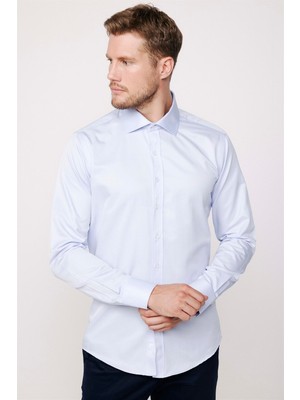 Tudors Erkek Modern Slim Fit Düz Saten Pamuklu Mavi Gömlek