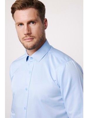 Tudors Erkek Modern Slim Fit Düz Saten Pamuklu Mavi Gömlek