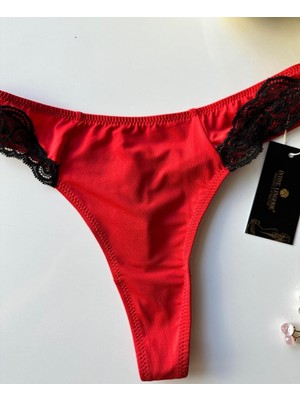 Intive Lingerie Siyah Dantel Detaylı Üstün Kırmızı Tanga