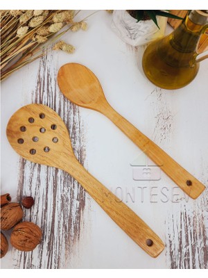 Montesev Ahşap Tahta Mutfak Kaşık Seti 2 Parça Kayın, Şimşir ve Bambu Ağacı