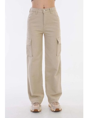 Asortix Kız Çocuk Kargo Cep Detaylı Yüksek Bel Wide Leg Kot PANTOLON-PNT-0029