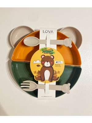 Lova 4 Bölmeli Mama Beslenme Tabağı ve Çatal Kaşık Seti Yeşil (7 Parça)