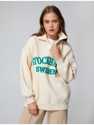 Koton Polo Yaka Oversize Sweatshirt Nakışlı Ribanalı Uzun Kollu