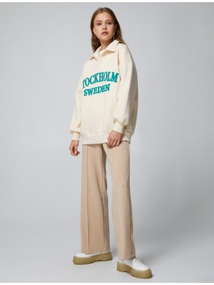 Koton Polo Yaka Oversize Sweatshirt Nakışlı Ribanalı Uzun Kollu