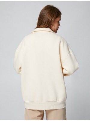Koton Polo Yaka Oversize Sweatshirt Nakışlı Ribanalı Uzun Kollu