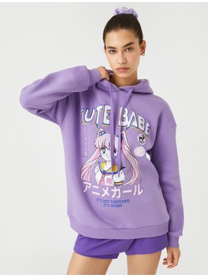 Koton Anime Sweatshirt Oversize Baskılı Kapüşonlu Ribanalı