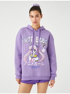 Koton Anime Sweatshirt Oversize Baskılı Kapüşonlu Ribanalı