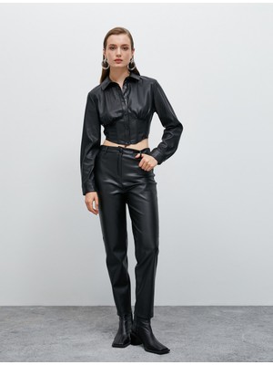 Koton Deri Görünümlü Crop Gömlek Korse Detaylı